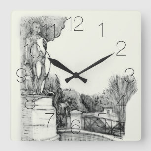 Old fountain in the park with sculpture boy square wall clock