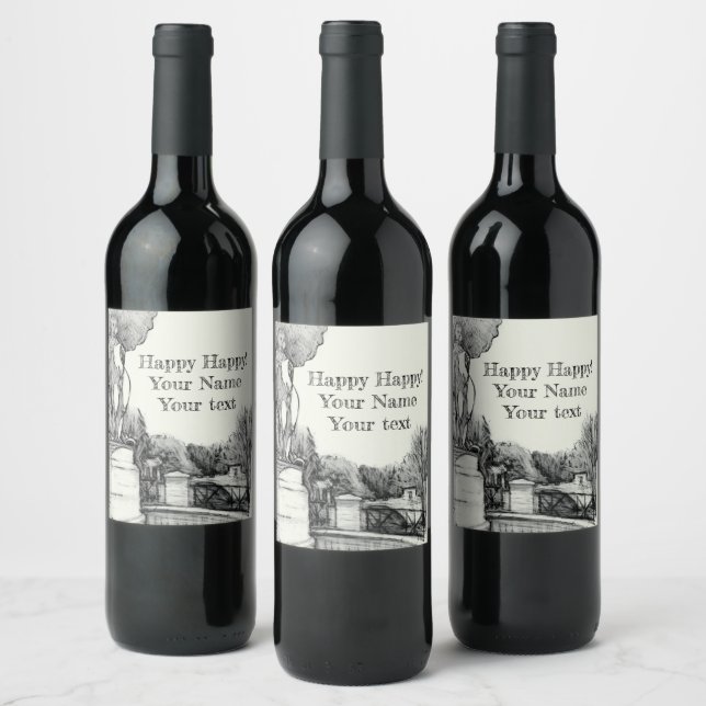 Old fountain in the park with sculpture boy wine label (Bottles)