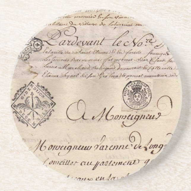 Old French Documents Collage Coaster II (Front)
