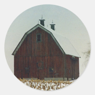 Old Gambrel Roof Barn on a Snowy Day Classic Round Sticker
