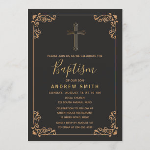 Old Gold And Black Vintage Calligraphy Baptism Invitation