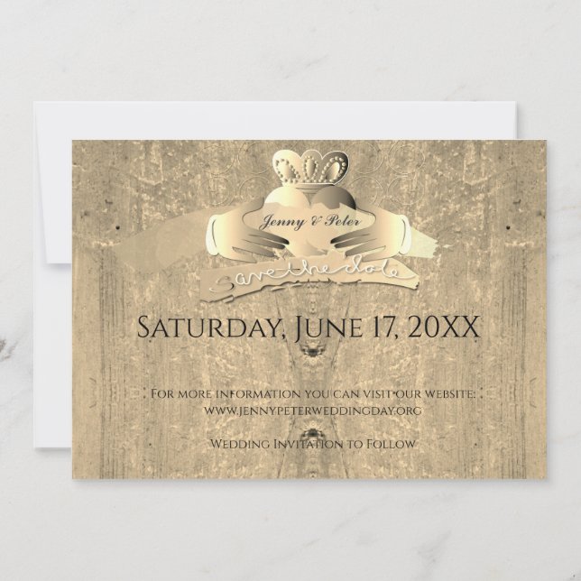 Old Gold Claddagh Ring Flat Save The Date Card (Back)