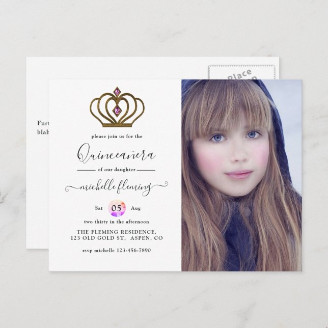 Old Gold Elegance Quinceañera Invitation Postcard (Front/Back)