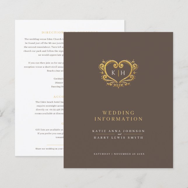 Old gold heart monogram wedding guest information (Front/Back)