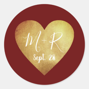 old gold love heart with script initials wed classic round sticker