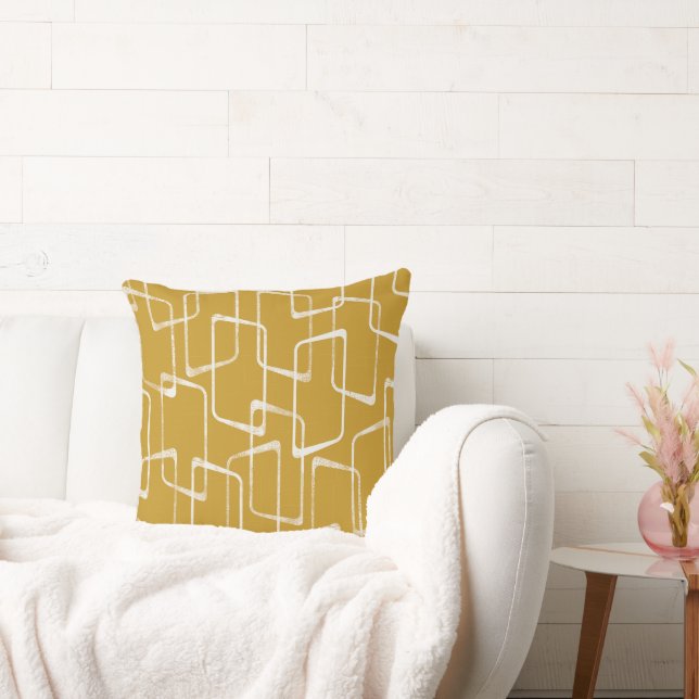Old Gold Retro Lino Print Geometric Pattern Cushion (Couch)