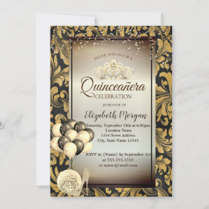 Old Gold Swirls,Balloons,Heels,Tiara Quinceañera Invitation