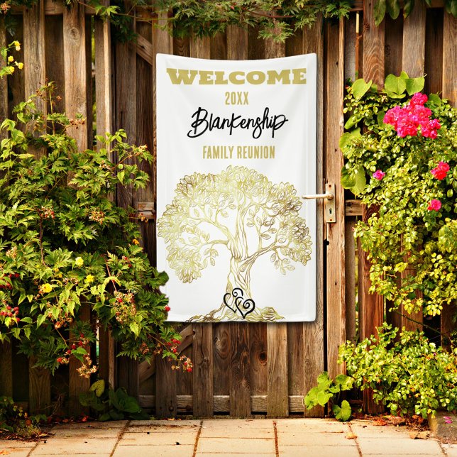 Old Golden Tree on White Family Reunion Custom  Banner (Welcome family on a vertical format reunion banner with rustic gold tree on a white background.
)