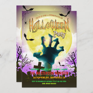 Old Graveyard, Zombie Hand & Bats Halloween Party Invitation