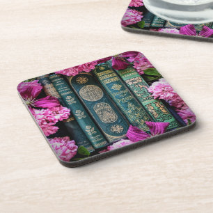 Old green books & pink roses coaster