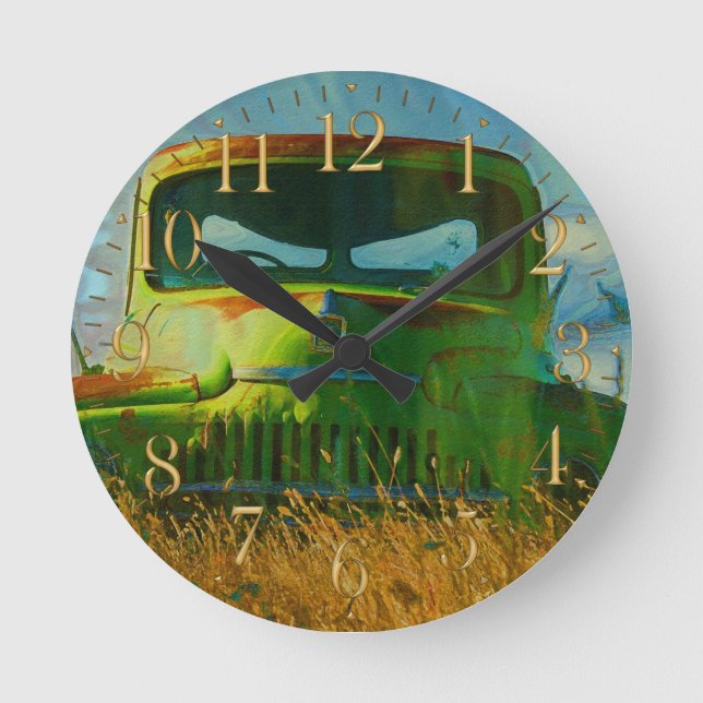 Old Green Farm Truck and Field Round Clock (Front)