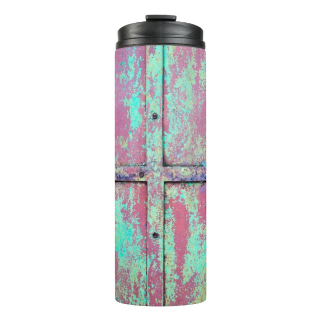 Old green painted wall with rust texture. Grunge r Thermal Tumbler (Front)