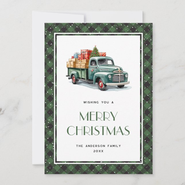 Old Green Truck Plaid Merry Christmas Card (Front)