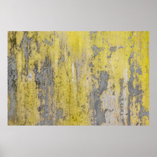 Old grey concrete wall with peeling yellow paint.  poster