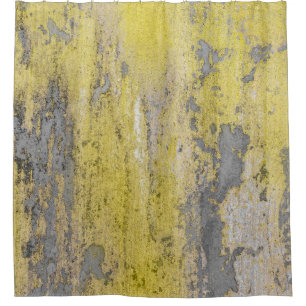 Old grey concrete wall with peeling yellow paint.  shower curtain