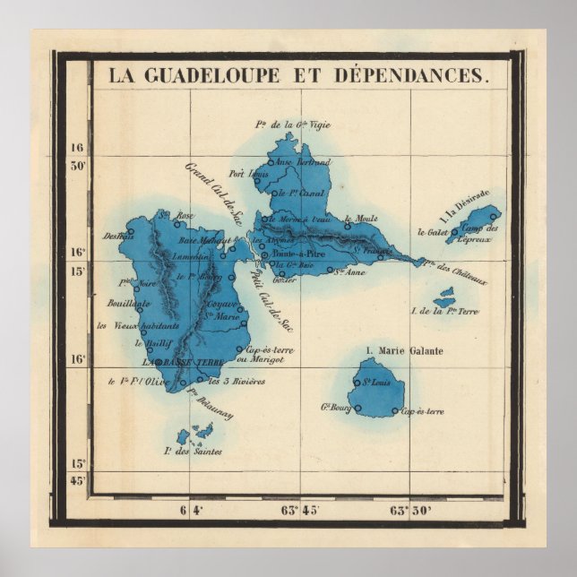 Old Guadeloupe Island Map (1844) Vintage Gwadloup  Poster (Front)