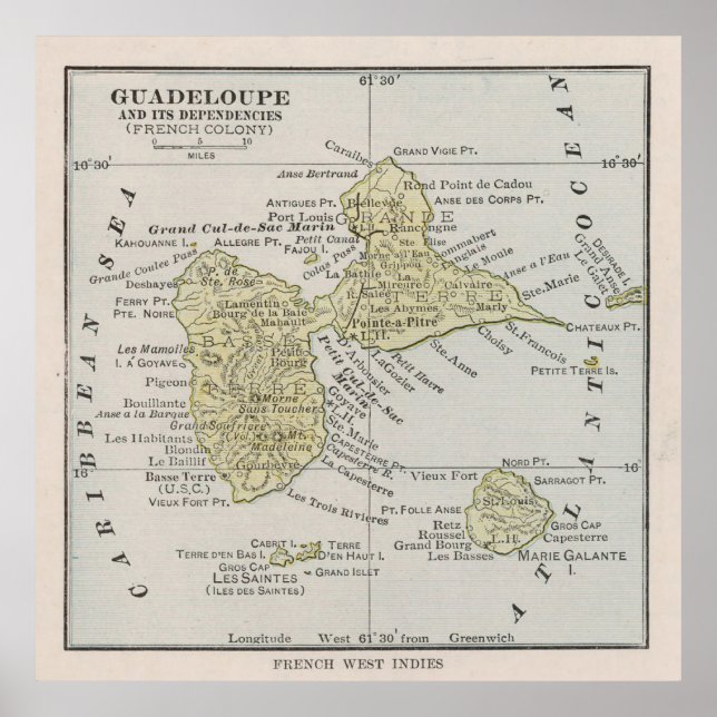 Old Guadeloupe Island Map (1912) Vintage Gwadloup  Poster (Front)
