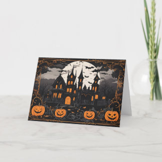 Old Halloween Haunted Mansion and Pumpkins  Holiday Card