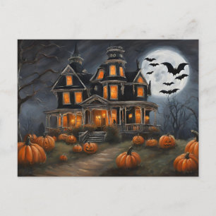 Old Halloween House and Pumpkins Holiday Postcard