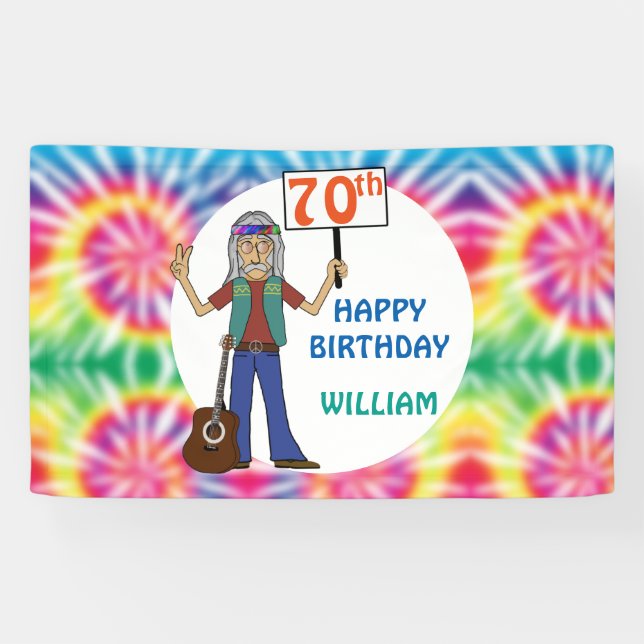 Old Hippie Hippy Tie Dye 70th Birthday Party  Bann Banner (Horizontal)