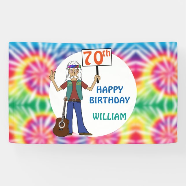 Old Hippie Hippy Tie Dye 70th Birthday Party  Banner (Horizontal)