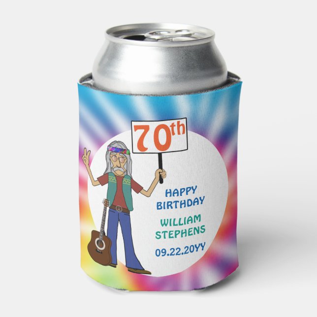 Old Hippie Hippy Tie Dye 70th Birthday Party Can Cooler (Can Front)
