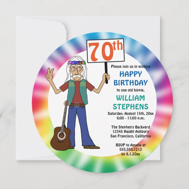 Old Hippie Hippy Tie Dye 70th Birthday Party Invitation (Front)