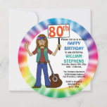 Old Hippie Hippy Tie Dye 80th Birthday Party Invitation<br><div class="desc">Celebrate your favourite old hippie guy with brilliant tie dye colour featuring a hippy guy holding up two fingers in the universal symbol of peace with his tie dye headband and his trusty guitar leaning against his leg. He's holding up a sign featuring his age. Original design by Holiday Hearts...</div>