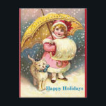 Old Holiday Image Girl, Snow ,Cat ,Yellow Umbrella<br><div class="desc">Here's a snow scene with cute little blonde-haired girl in a pink and rose coloured, outfit with a stylish yellow umbrella, and a white fur muff with rose trim, and cute little shoes and leggings. With her is her white cat, wearing a pretty aqua blue ribbon. Now that's a vintage...</div>
