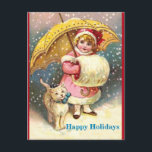 Old Holiday Image Girl, Snow ,Cat ,Yellow Umbrella<br><div class="desc">Here's a snow scene with cute little blonde-haired girl in a pink and rose coloured, outfit with a stylish yellow umbrella, and a white fur muff with rose trim, and cute little shoes and leggings. With her is her white cat, wearing a pretty aqua blue ribbon. Now that's a vintage...</div>