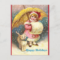 Old Holiday Image Girl, Snow ,Cat ,Yellow Umbrella