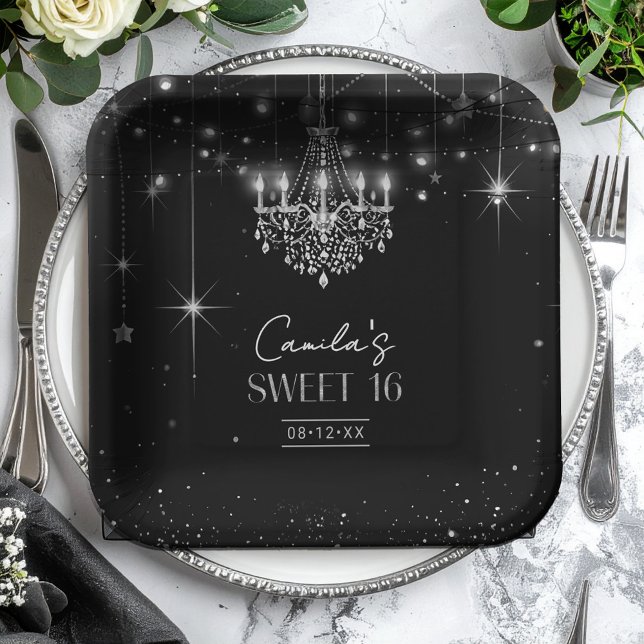 Old Hollywood B & W Chandelier Sweet 16 ID1108 Paper Plate (Creator Uploaded)