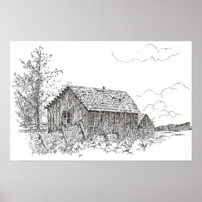 Old House Black White Ink Pen Drawing Poster (Front)