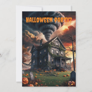 old house in tornado halloween themed invitation