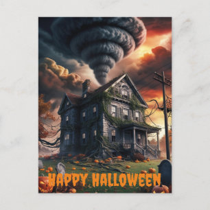 old house in tornado halloween themed postcard