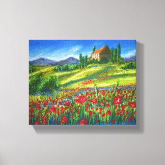 Old house near poppy field. Stretched Canvas Print