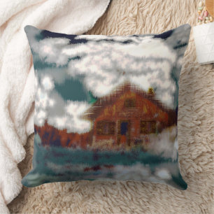 Old house under showy clouds with scratched effect cushion