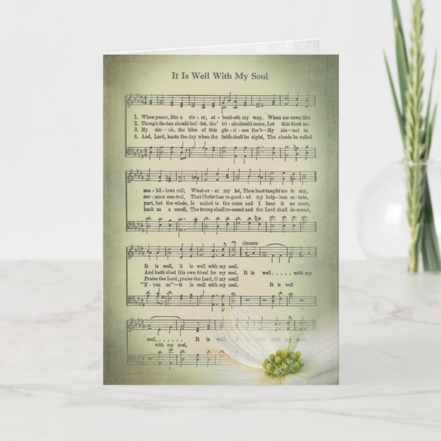 Old hymn sheet music with flower for sympathy card (Front)