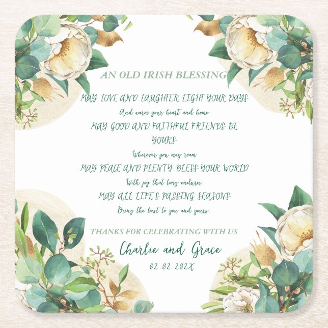 Old Irish Blessing on Gold Dust and Roses Square Paper Coaster (Front)