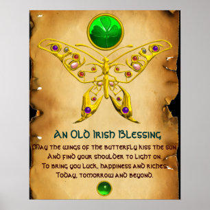 Old Irish Blessing Parchment with Gold Butterfly Poster