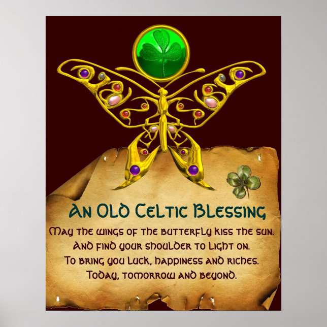Old Irish Blessing Parchment with Gold Butterfly Poster (Front)