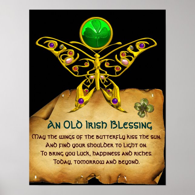 Old Irish Blessing Parchment with Gold Butterfly Poster (Front)