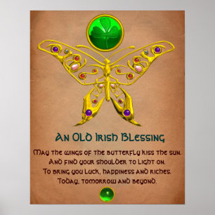 Old Irish Blessing Parchment with Gold Butterfly Poster