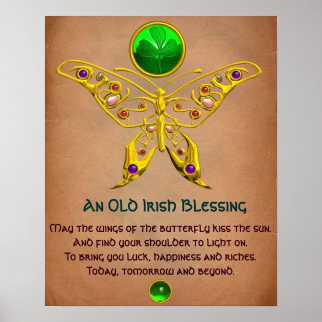 Old Irish Blessing Parchment with Gold Butterfly Poster (Front)