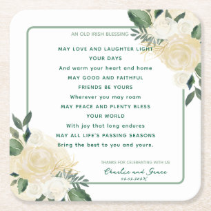 Old Irish Blessing & Wedding Greenery 2 Square Paper Coaster