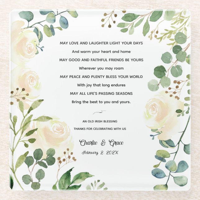Old Irish Blessing & Wedding Greenery Glass Coaster (Front)
