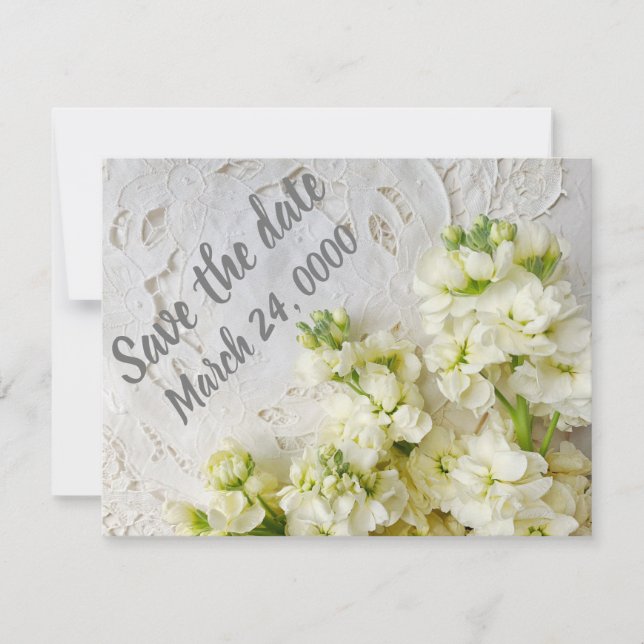 Old lace with white flowers save the date (Front)