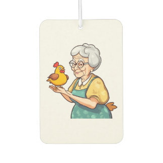 old lady and a chicken car air freshener