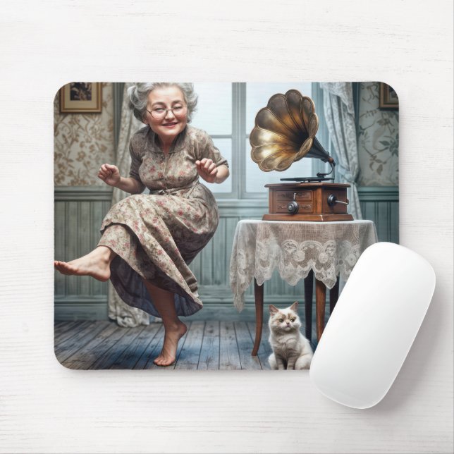Old Lady Dancing to a Gramophone Mouse Mat (With Mouse)