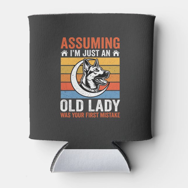 Old Lady Dog Warning Retro Can Cooler (Front)